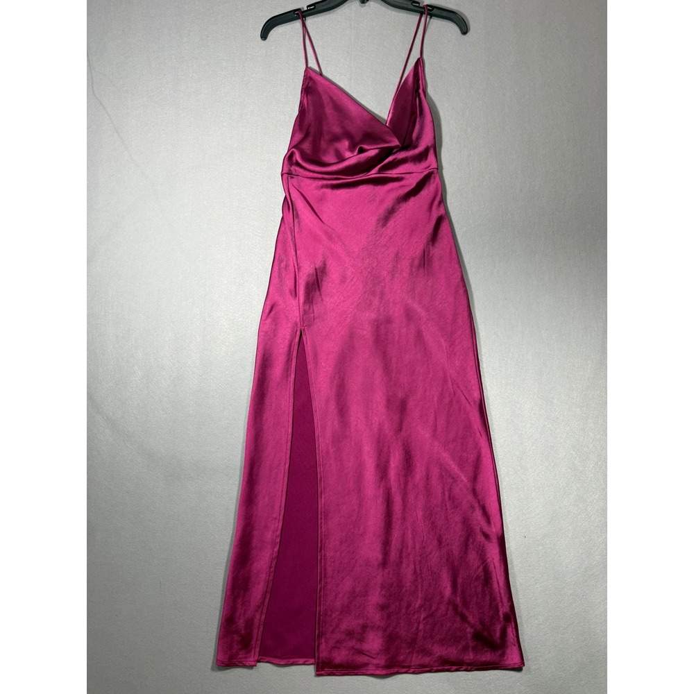 Lioness Rendezvous Maxi Dress Magenta Pink Satin Cowl Neck Backless Slit Small